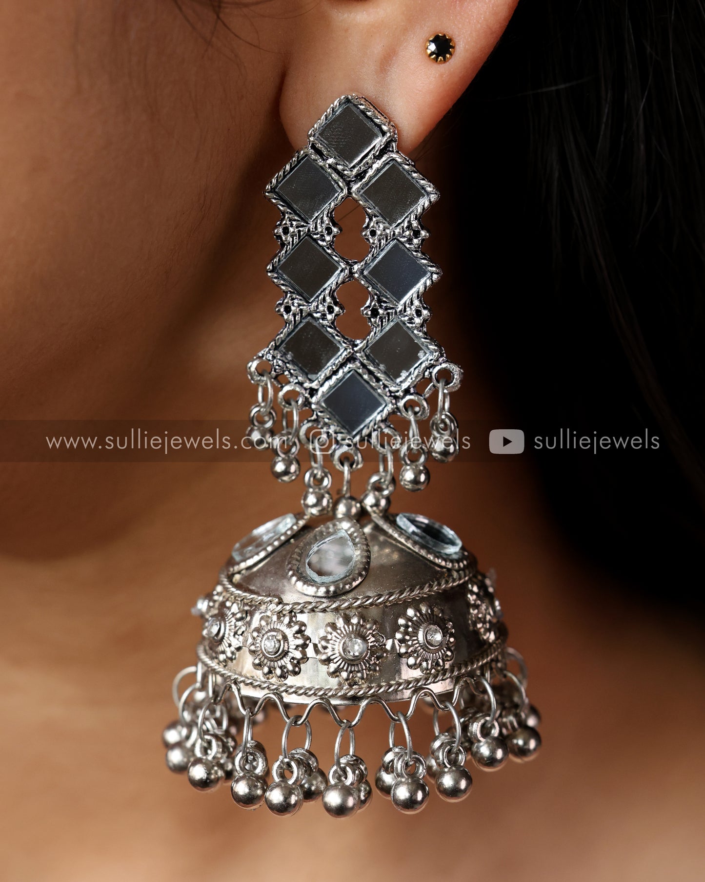 Oxidised Mirror Big Jhumka