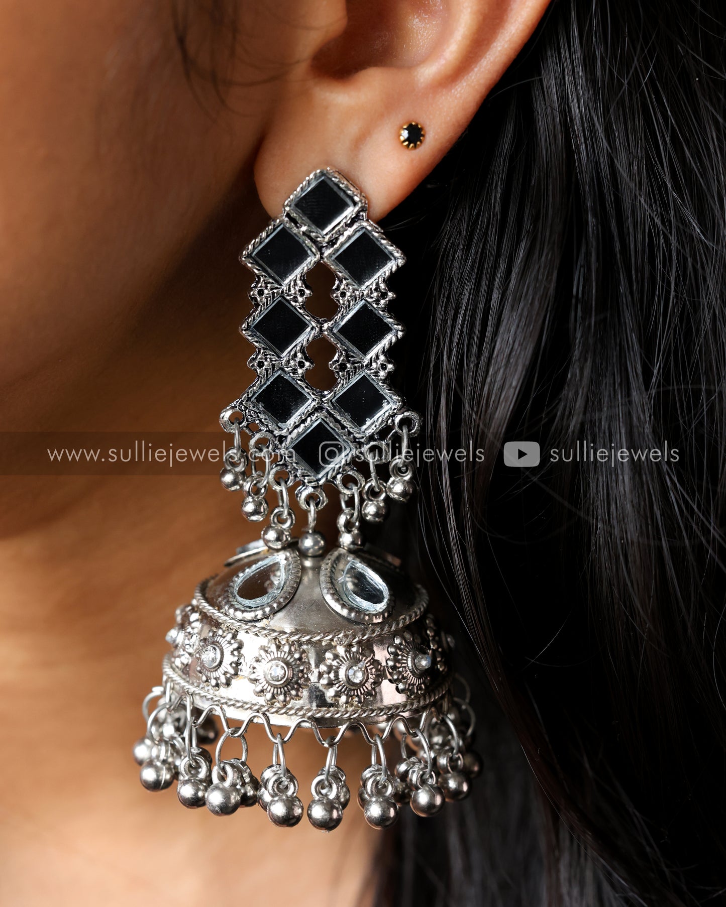 Oxidised Mirror Big Jhumka