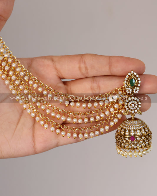 AD Long Jhumka with 3 Layer Pearl Earchain / Maatti