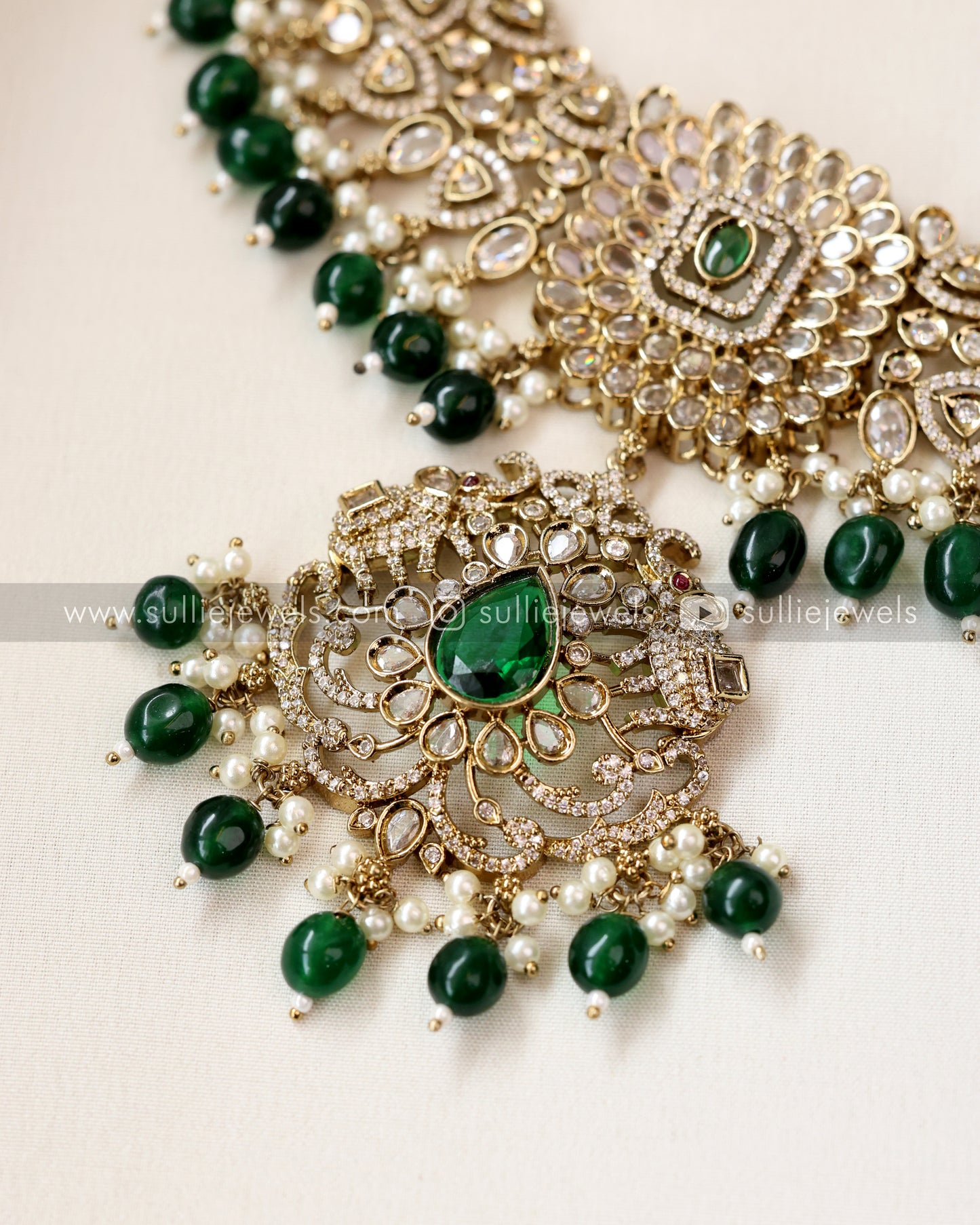 Victorian Diamond Long Chain with Green beads Set