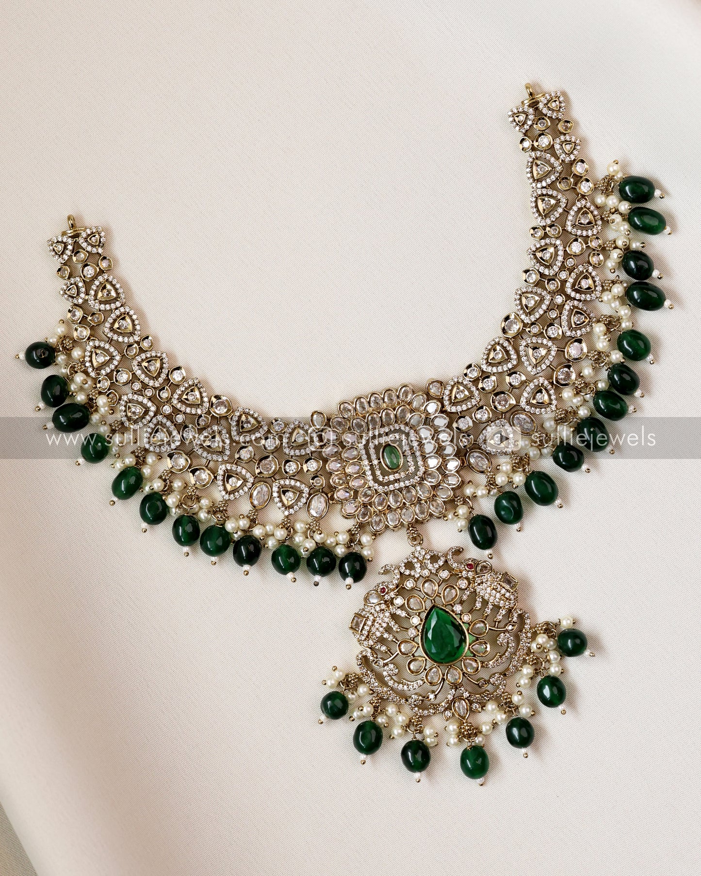 Victorian Diamond Necklace with Green beads Set