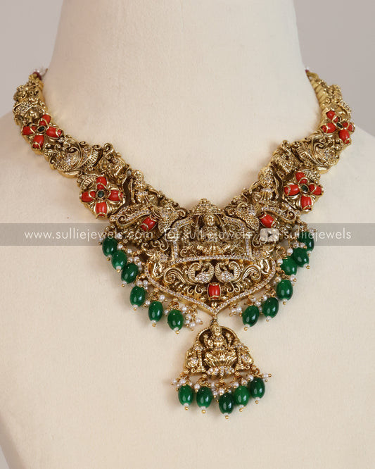 Coral Stone Premium Lakshmi AD Necklace with Earring - Green Beads