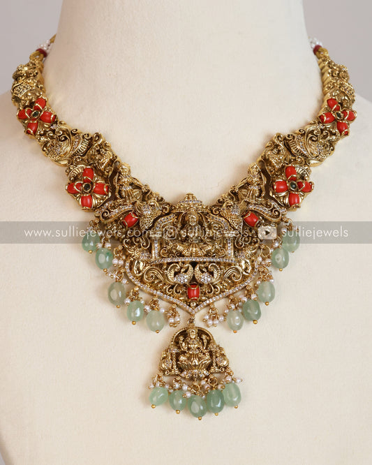 Coral Stone Premium Lakshmi AD Necklace with Earring - Mint Beads