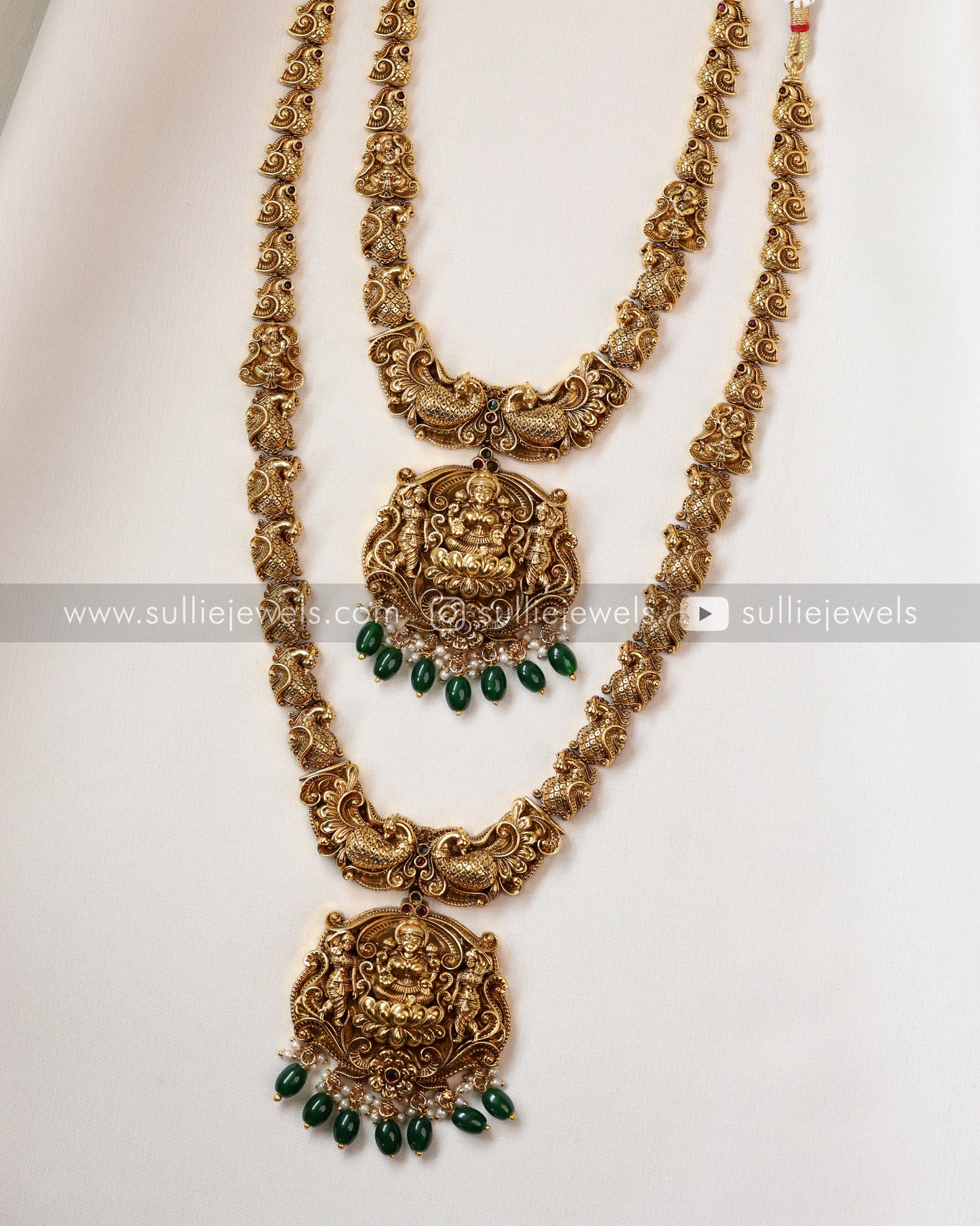 Lakshmi Green Beads Bridal Set - Necklace + Long Chain/Haram + Earring