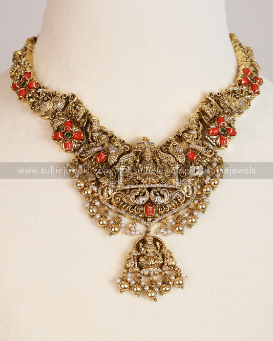 Coral Stone Premium Lakshmi AD Necklace with Earring