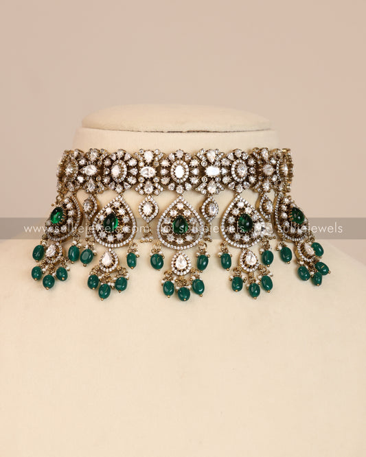 Premium Polki Green Heavy Choker / Necklace with Earrings