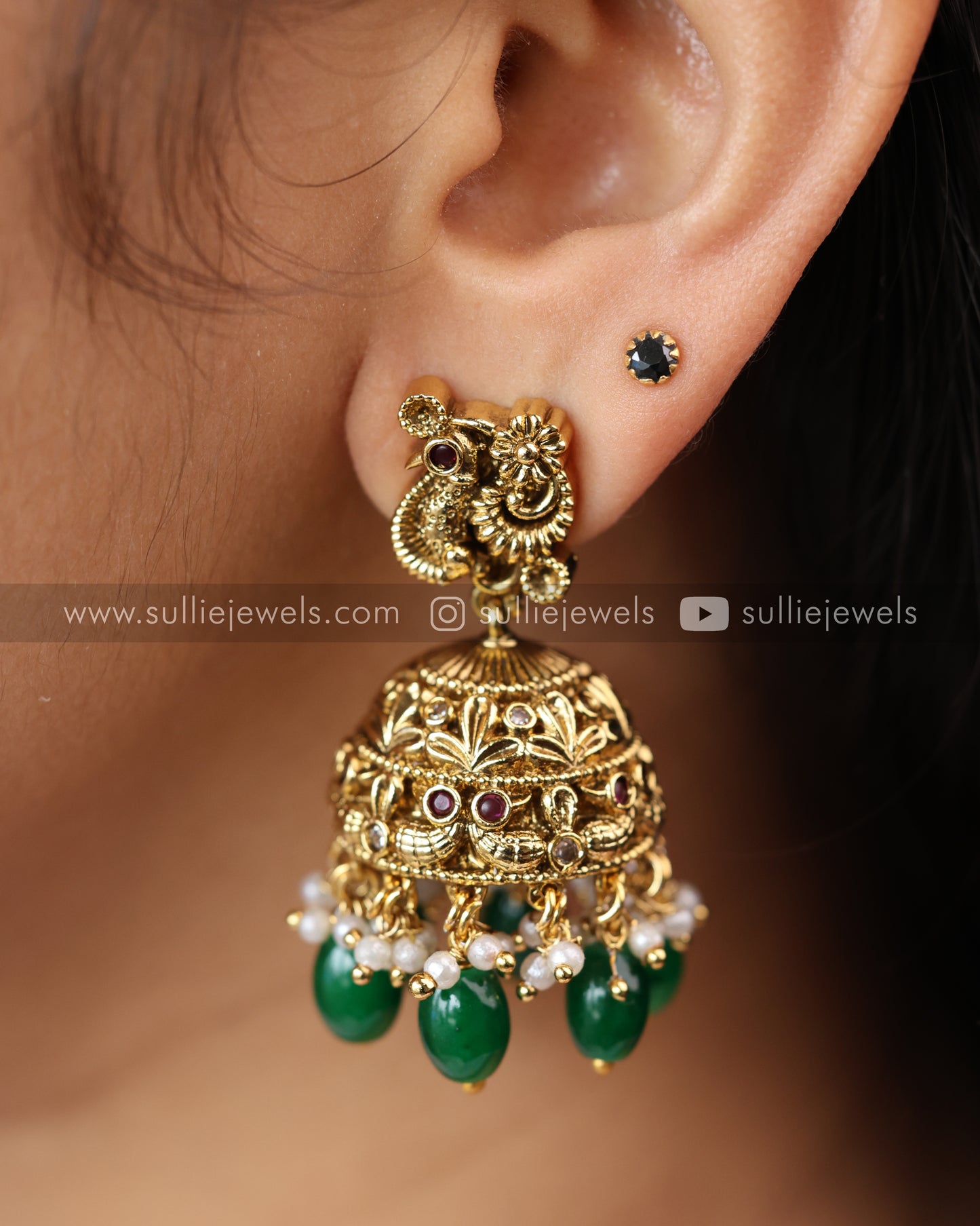 Premium Lakshmi Long Chain (Green Beads) with Jhumka