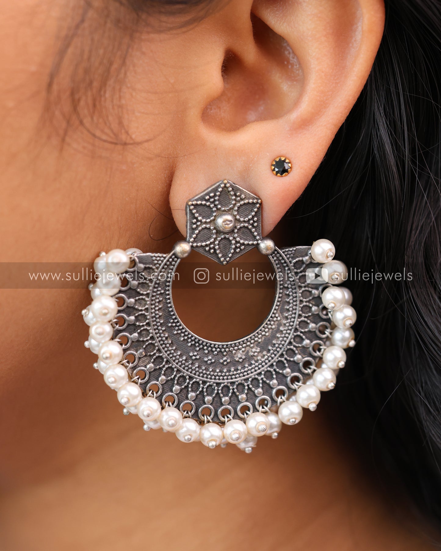 Chandbali Pearl Oxidised Earring