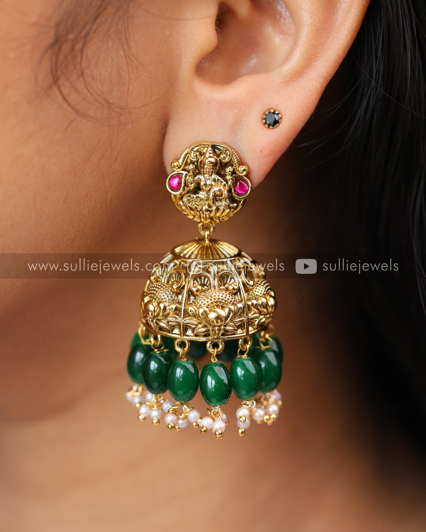 Victorian Premium Lakshmi Jhumka with Green Beads