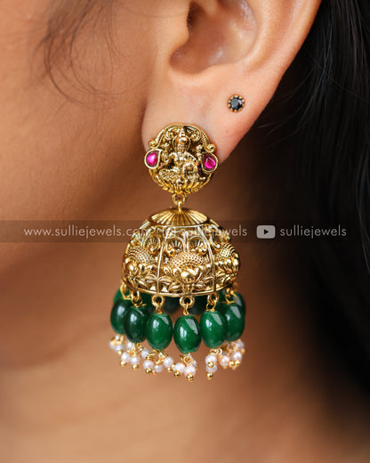 Premium Lakshmi Jadau Necklace ( Green Beads ) with Jhumka