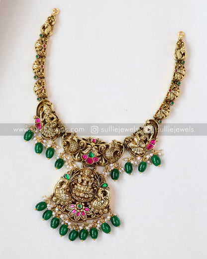 Premium Goddess Jadau Necklace ( Green Beads ) with Jhumka