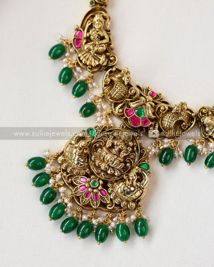 Premium Goddess Jadau Necklace ( Green Beads ) with Jhumka