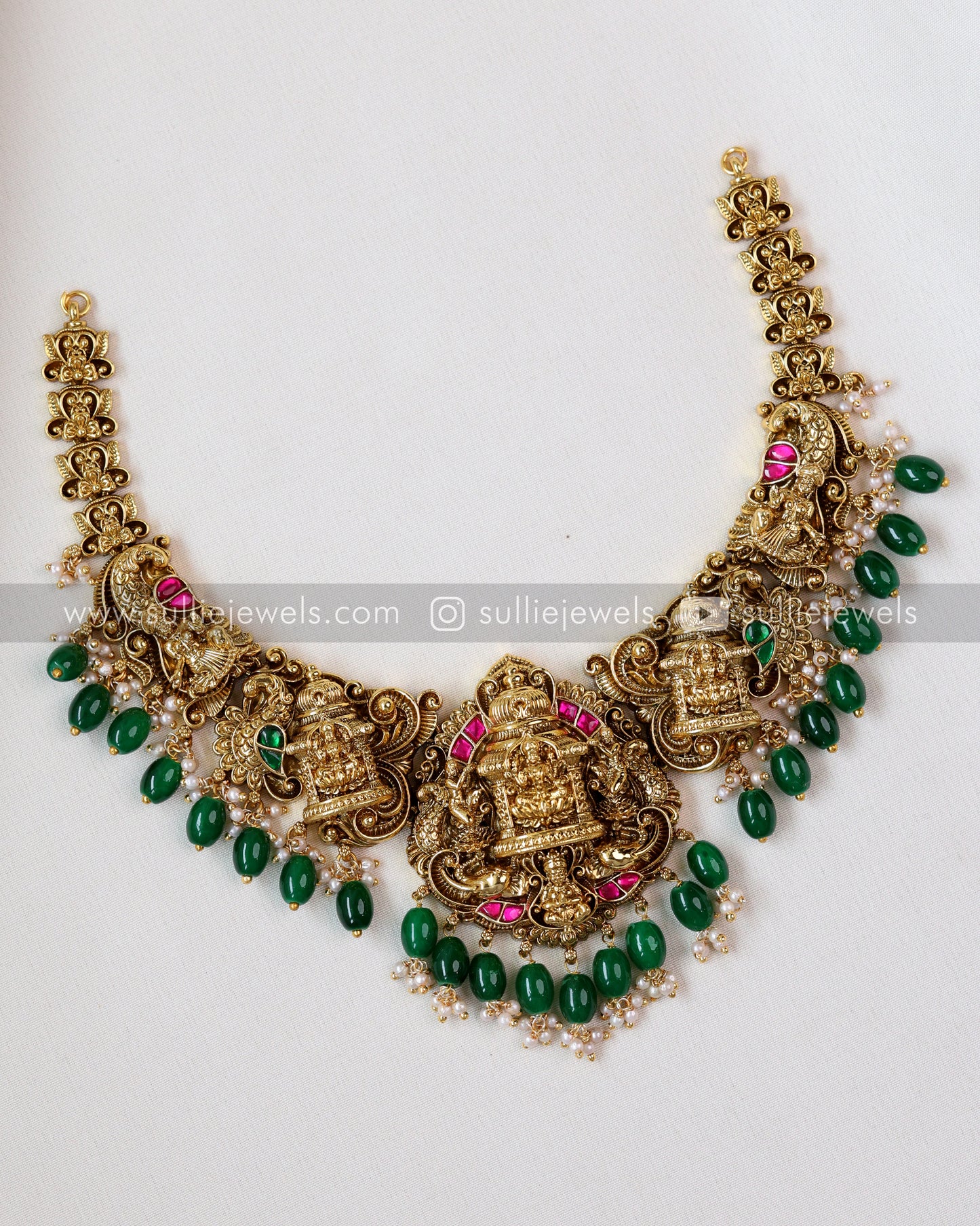 Premium Lakshmi Jadau Necklace ( Green Beads ) with Jhumka