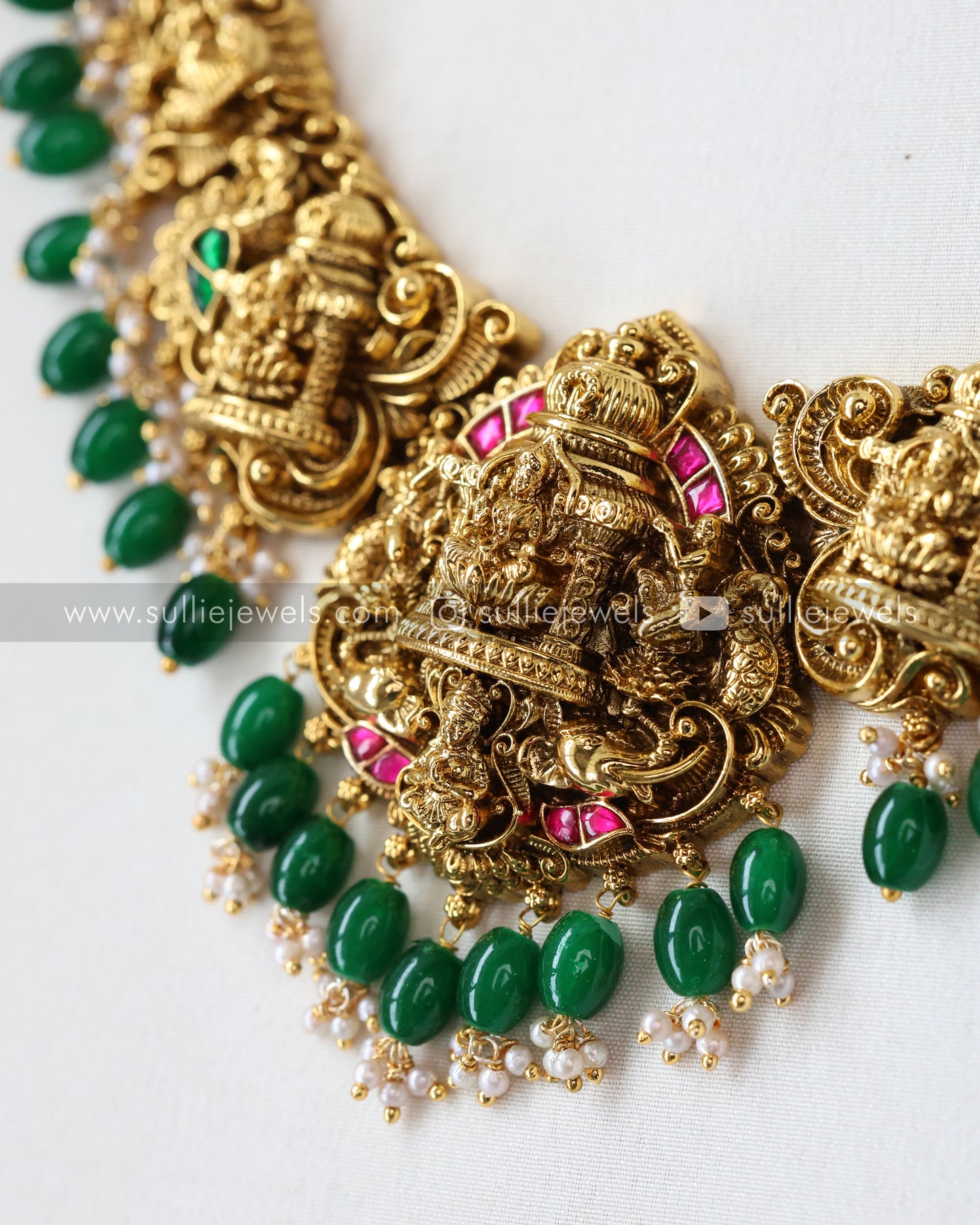 Premium Lakshmi Jadau Necklace ( Green Beads ) with Jhumka