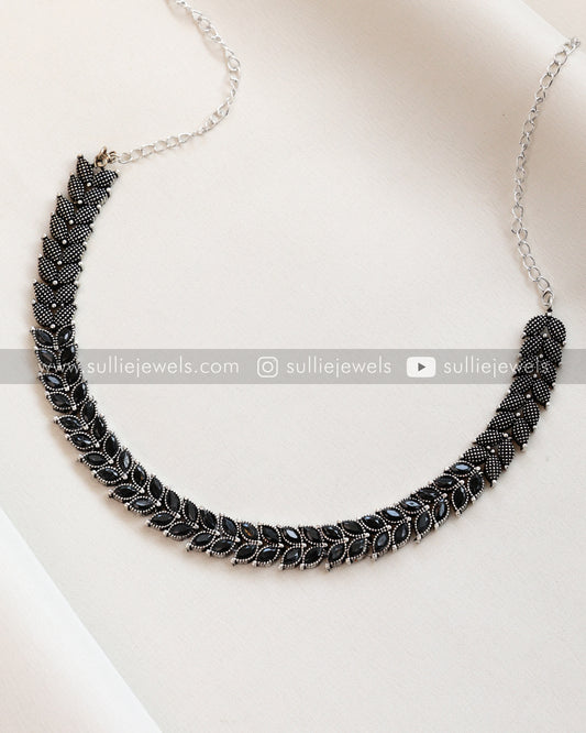 Black Stone Leaf Design Oxidised Necklace with Jhumka