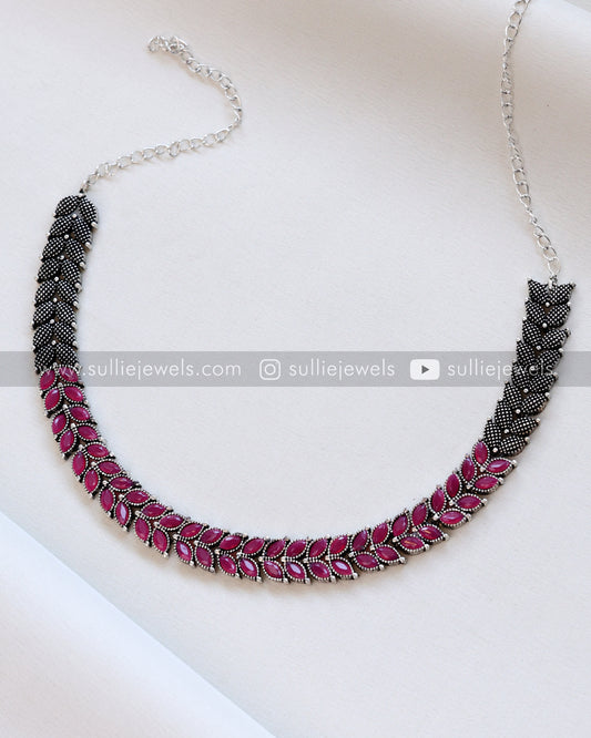 Pink Stone Leaf Design Oxidised Necklace with Jhumka