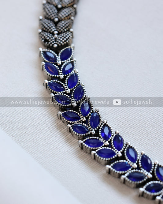 Blue Stone Leaf Design Oxidised Necklace with Jhumka