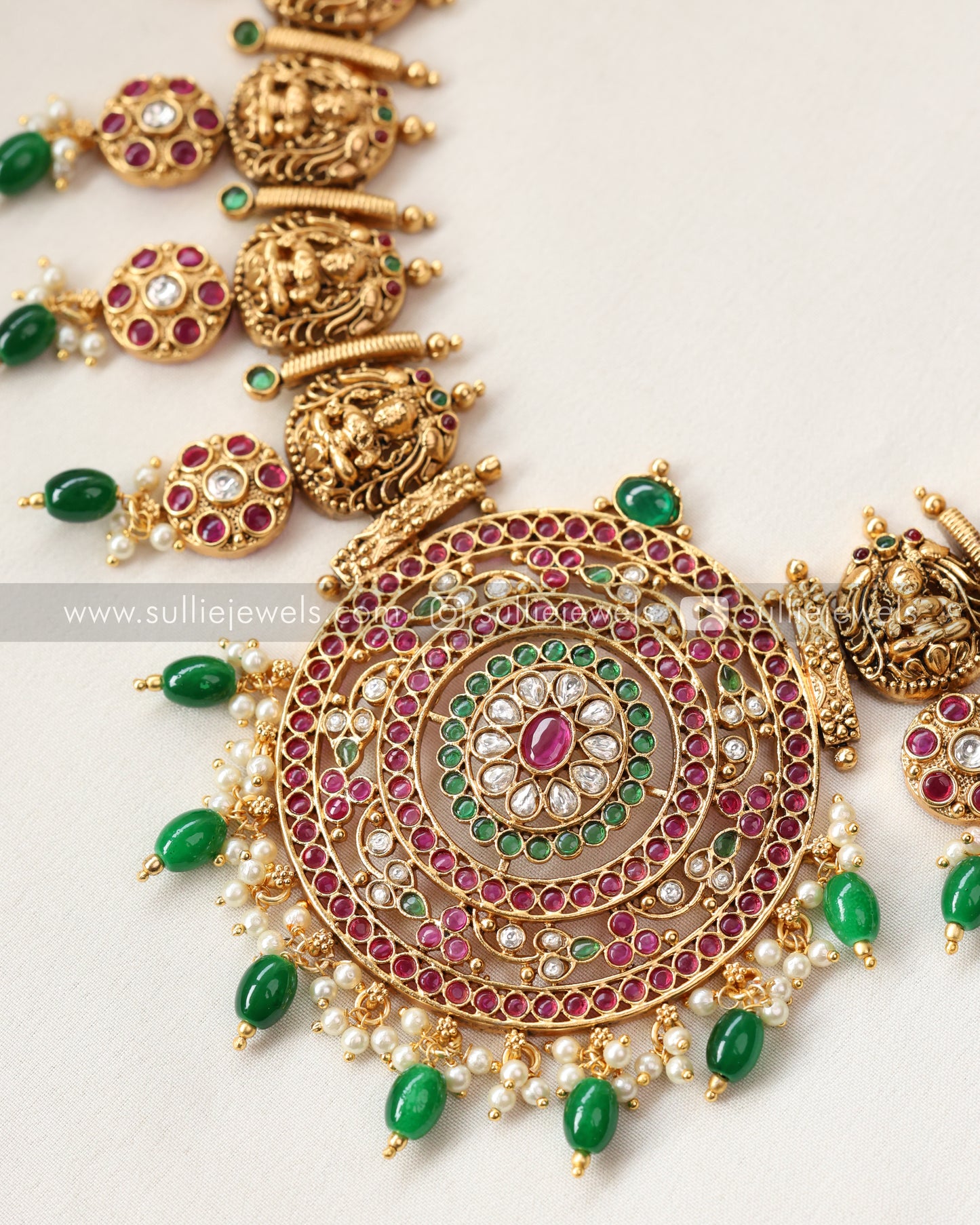 Chakra Broad Haram (Green Beads) with Earring