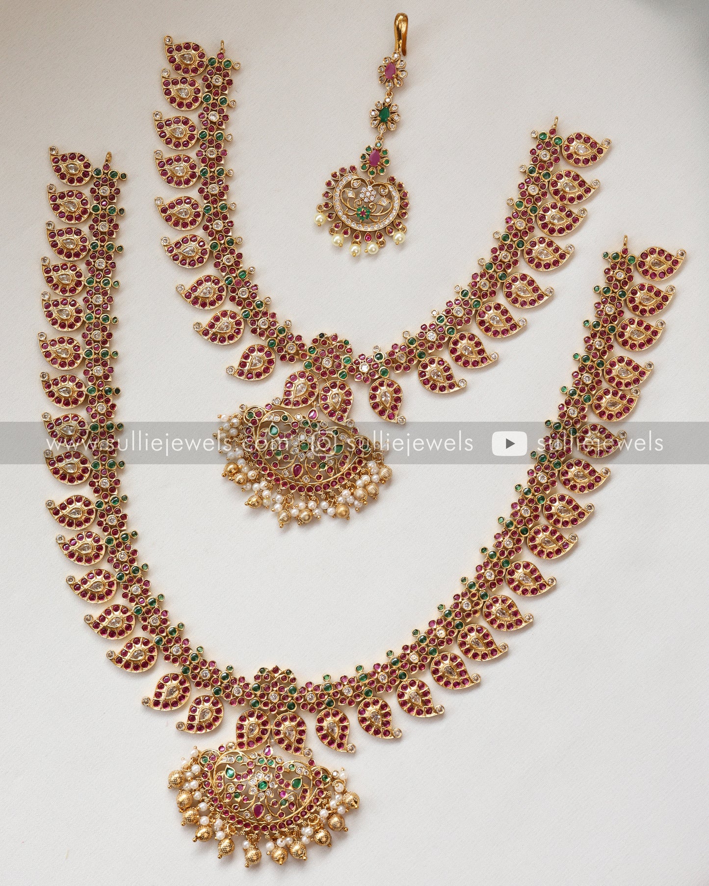 Premium Kemp Mango Bridal Set - Necklace + Haram + Earring + Tikka