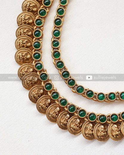 Double Layer Stone & Coin Long Chain with Studs