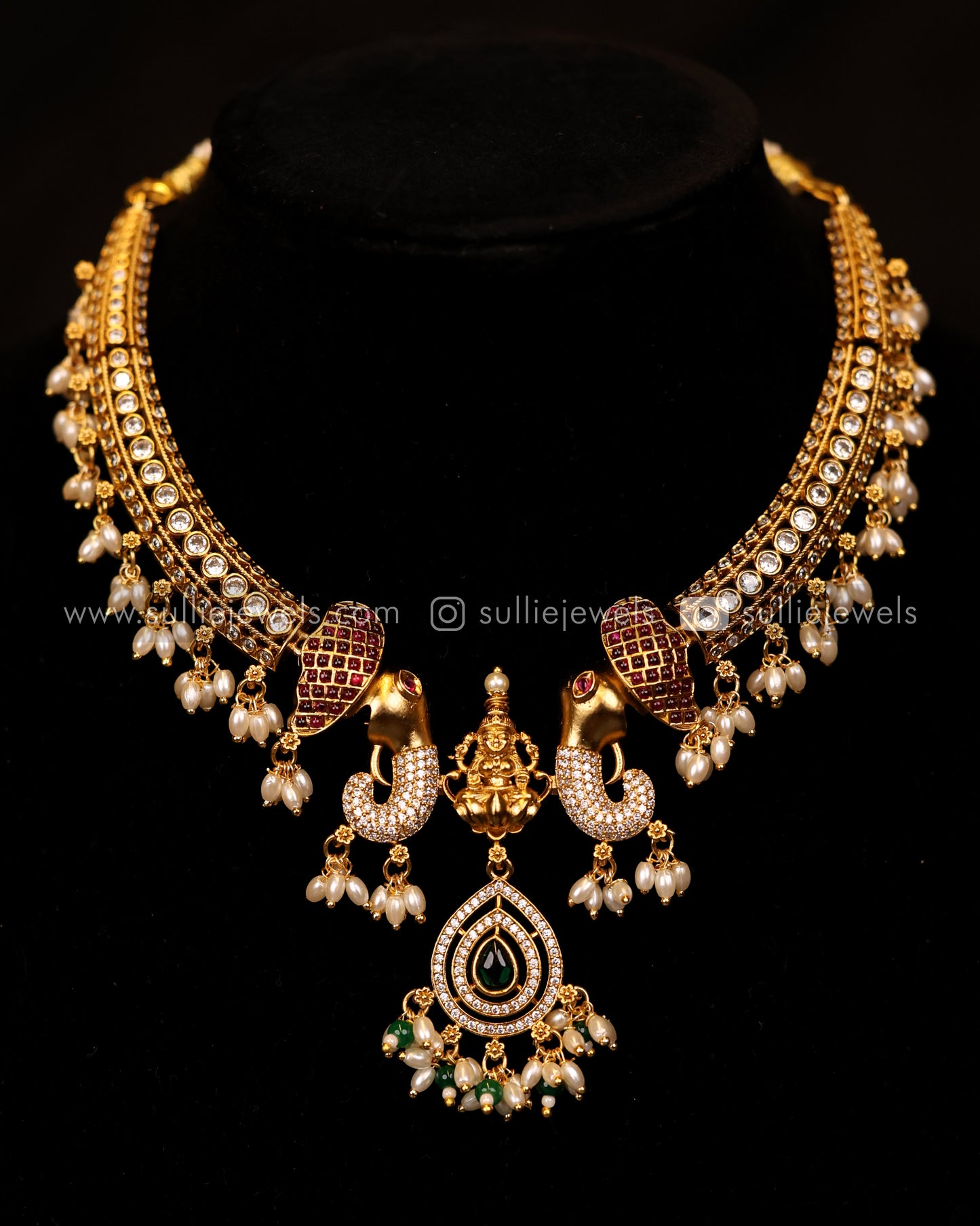 Premium AD Lakshmi Elephant Pendant Necklace Set