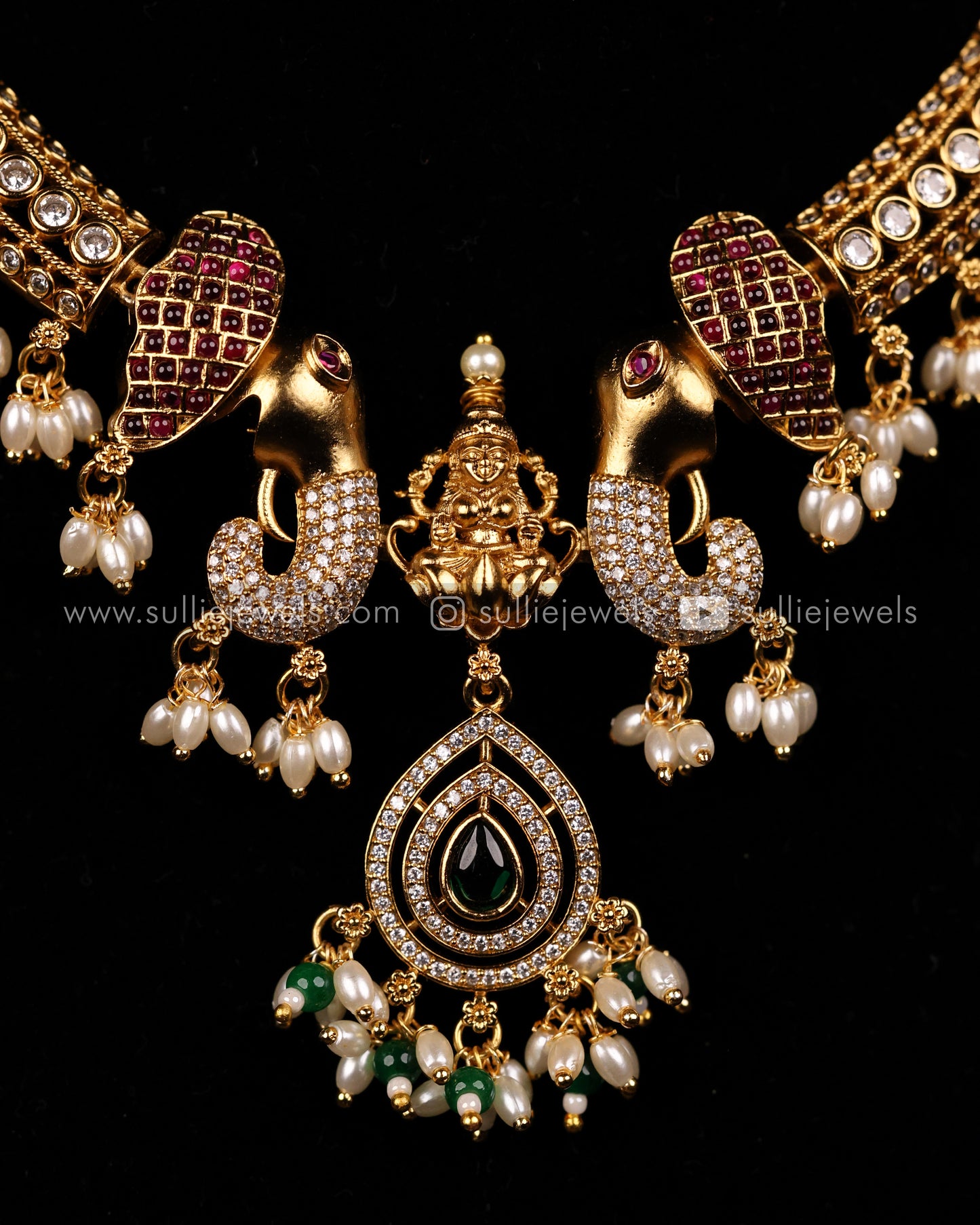 Premium AD Lakshmi Elephant Pendant Necklace Set